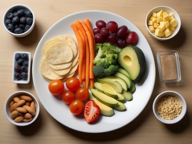 un plato de comida con frutas y verduras y un plato de nueces y arándanos