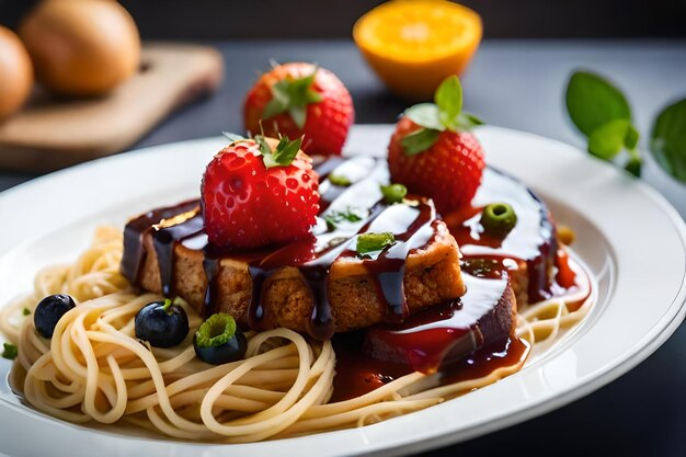 Un plato de comida con frutas y verduras