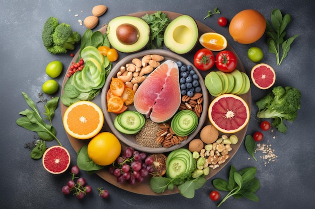 Un plato de comida con frutas y verduras