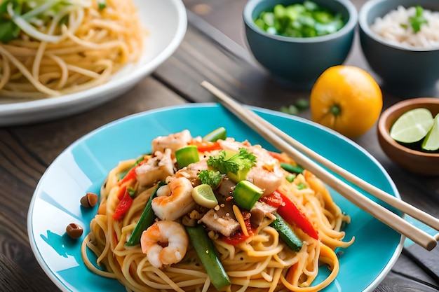 Un plato de comida con gambas y verduras.