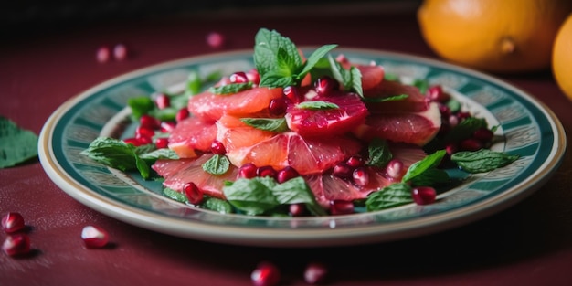 Un plato de comida con granada y naranjas imagen generativa de ai.