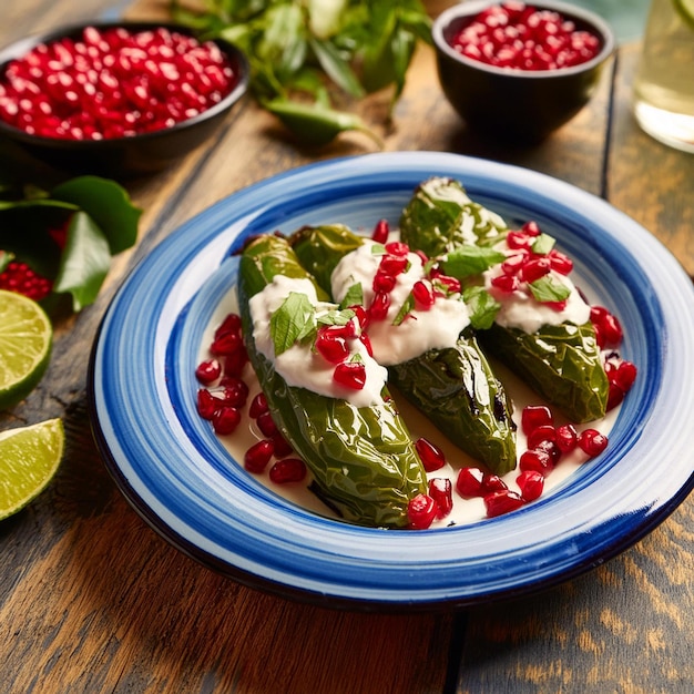 un plato de comida con granadas y granadas en él