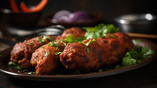 Un plato de comida con una guarnición de kebab de pollo.