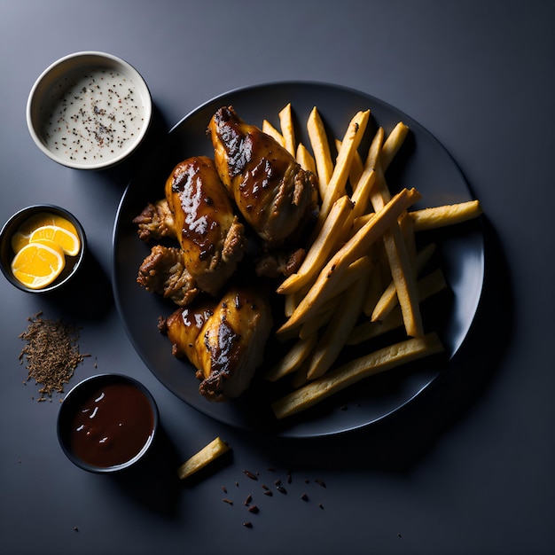 Un plato de comida con una guarnición de papas fritas y un tazón de salsa.