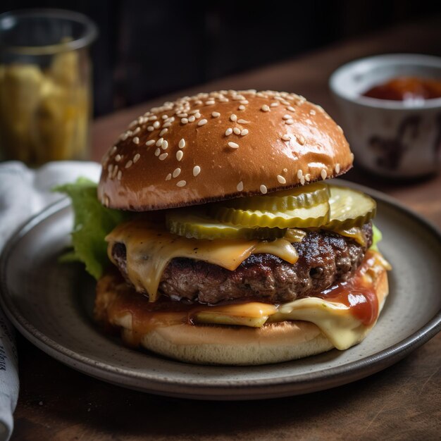 Un plato de comida con una hamburguesa y una taza de ketchup.