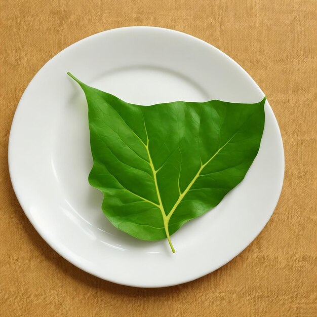 Un plato de comida con una hoja en él