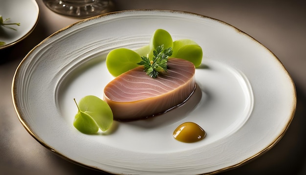 un plato de comida con una hoja verde en él