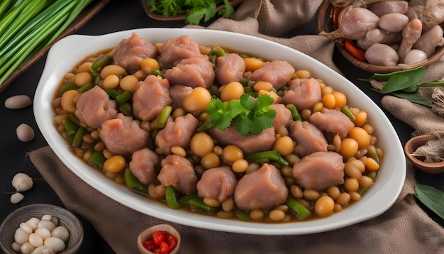 un plato de comida con una hoja verde en la parte superior