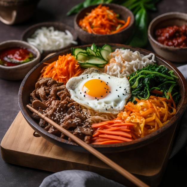 Foto un plato de comida con un huevo frito encima