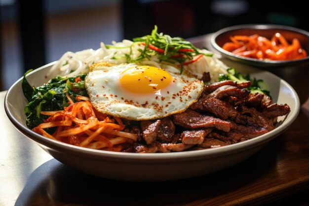 Un plato de comida con huevo frito y verduras.