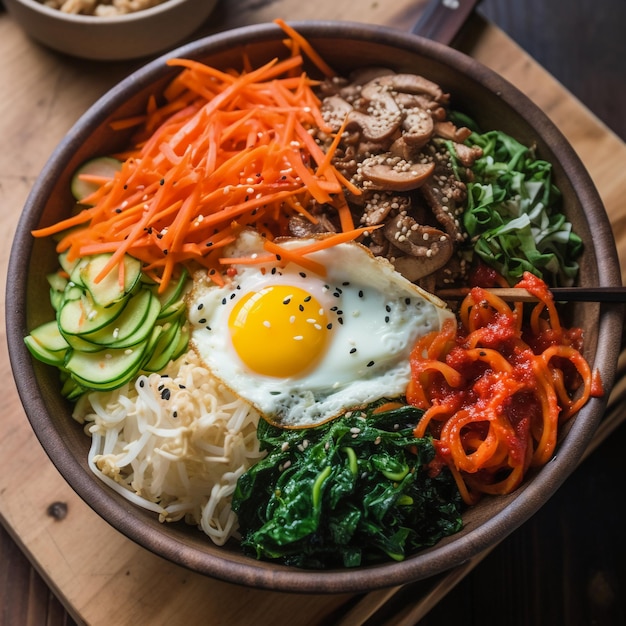 Un plato de comida con huevo frito y verduras.