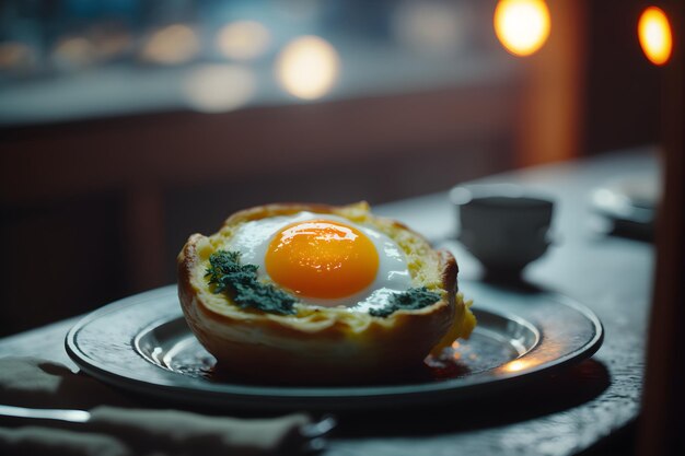 Un plato de comida con un huevo y una taza de té sobre la mesa.