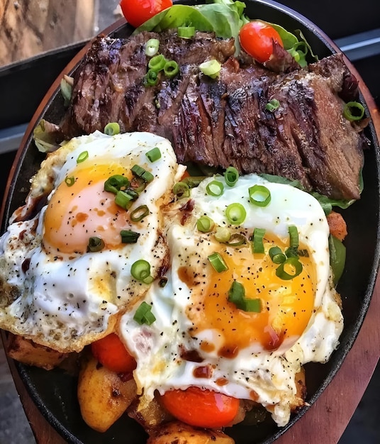 Foto un plato de comida con huevos y un bistec