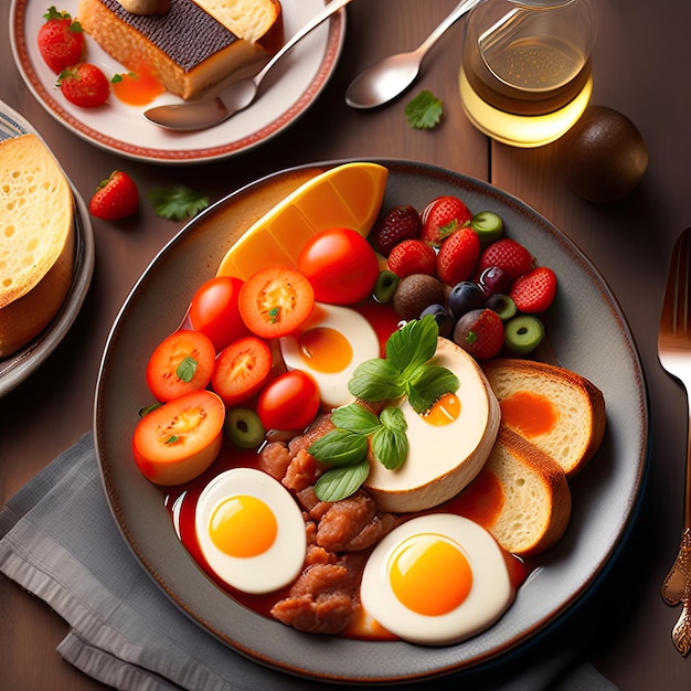 un plato de comida con huevos, carne y verduras.