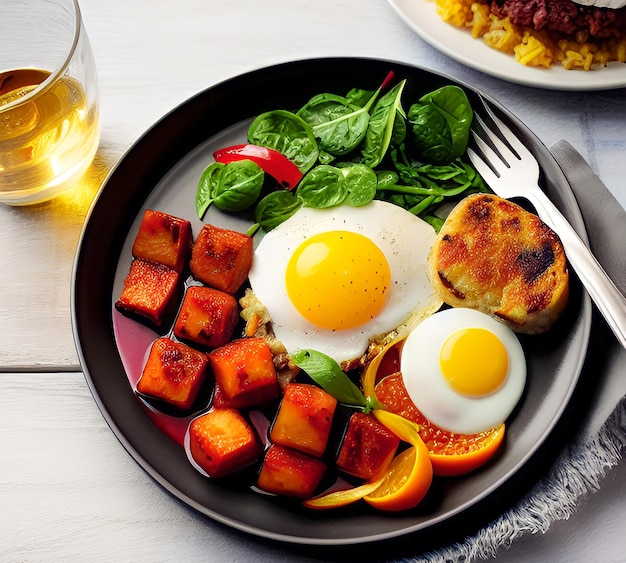 Un plato de comida con huevos y espinacas.