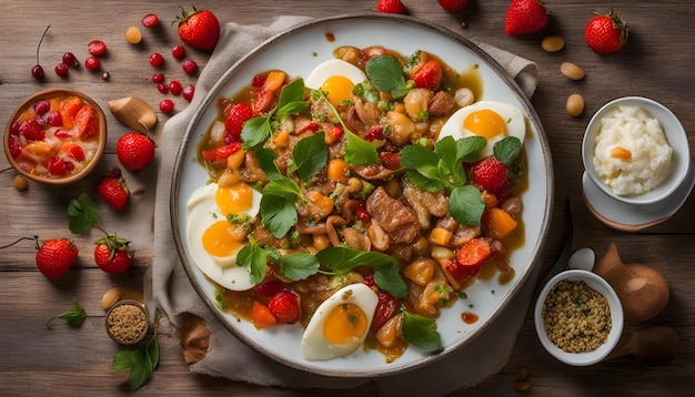 un plato de comida con huevos fresas y fresas