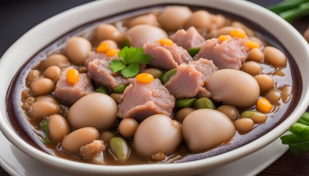 un plato de comida con huevos, frijoles y frijoles verdes