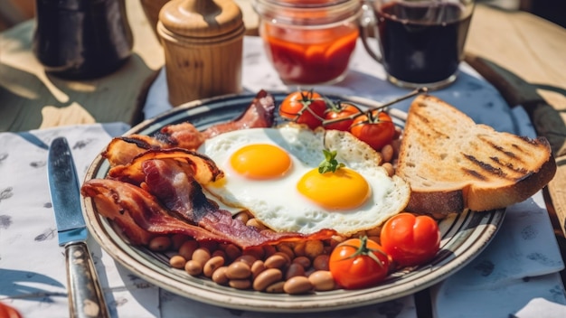 Un plato de comida con huevos y frijoles