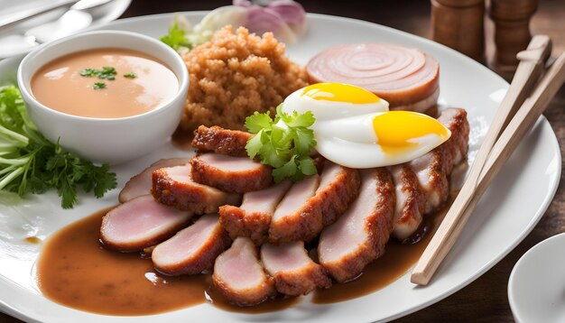 un plato de comida con huevos, jamón y arroz