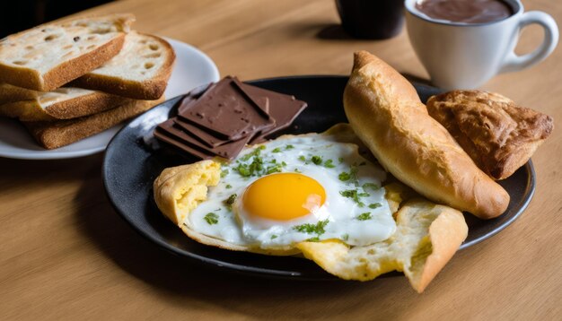 Foto un plato de comida con huevos pan y chocolate