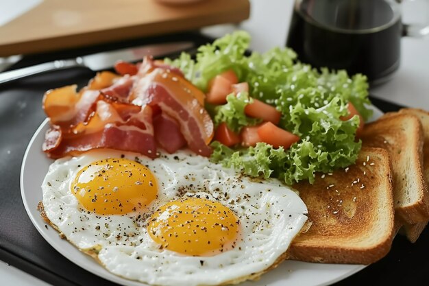 un plato de comida con huevos, tocino y verduras