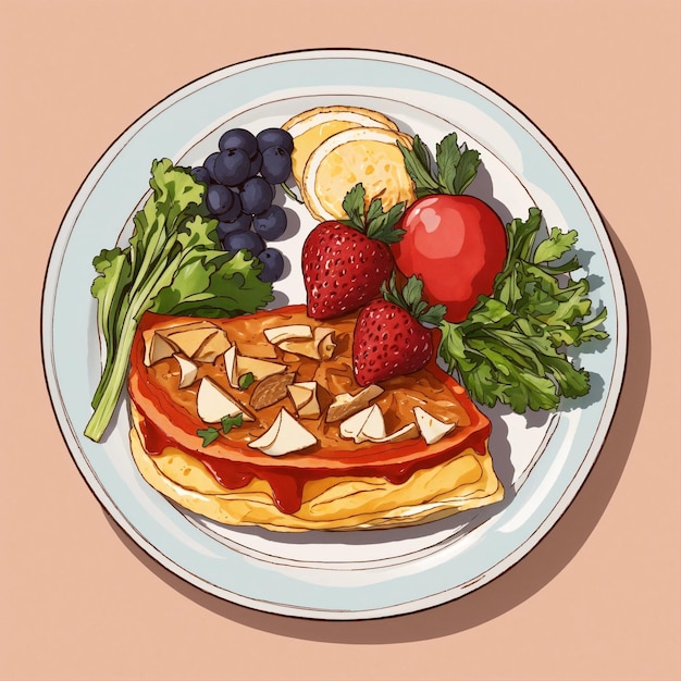 un plato de comida con una imagen de una fruta y verdura en él