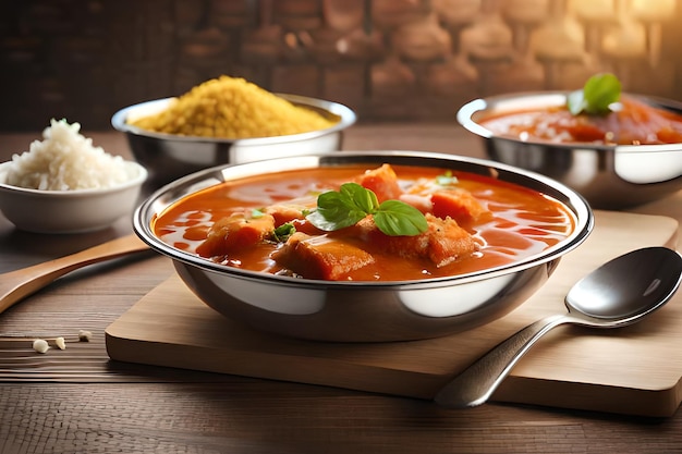 Un plato de comida india con una cuchara y un plato de arroz amarillo.