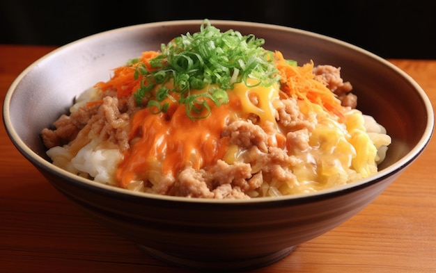 Un plato de comida japonesa con una cebolla verde encima.