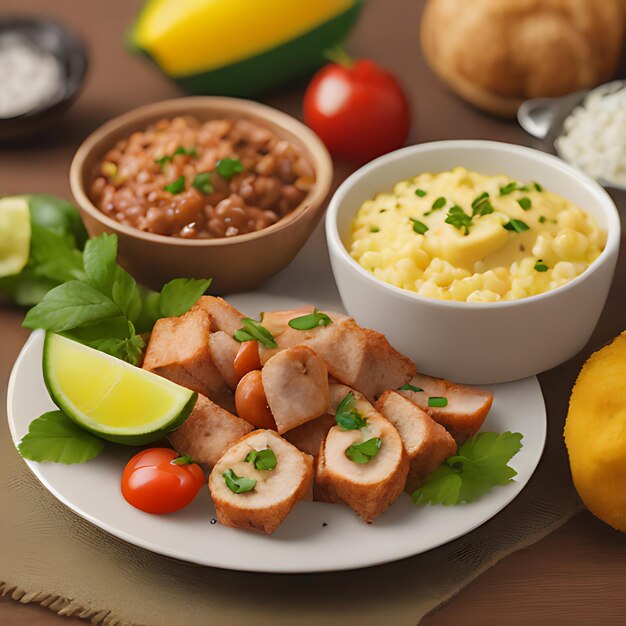 un plato de comida con un limón y arroz en él