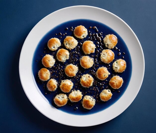 Foto un plato de comida con líquido azul y moras en el lado