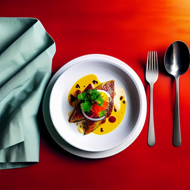 Un plato de comida con un mantel rojo y un tenedor plateado a la derecha.