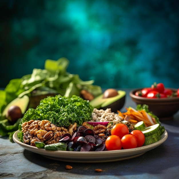 Un plato de comida en una mesa con un fondo verde