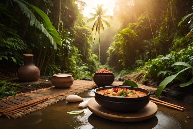 Foto un plato de comida en una mesa en la jungla