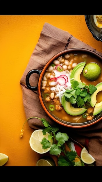 Un plato de comida mexicana con una cuchara y una botella de jugo de lima.