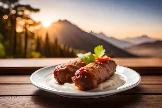 Un plato de comida con una montaña al fondo.