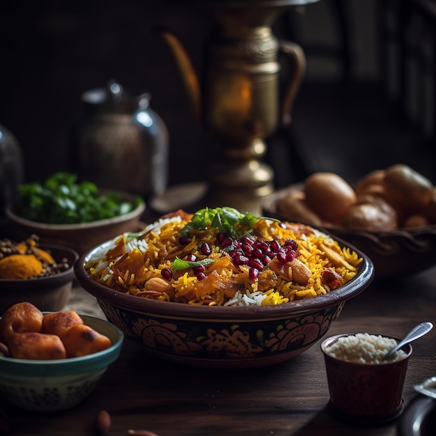 Un plato de comida con una olla de oro sobre la mesa.