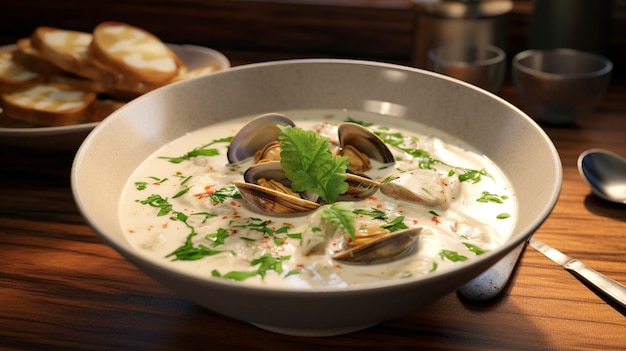 un plato de comida con ostras y una olla de ajo