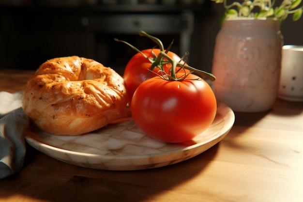 Un plato de comida con un pan junto a los tomates