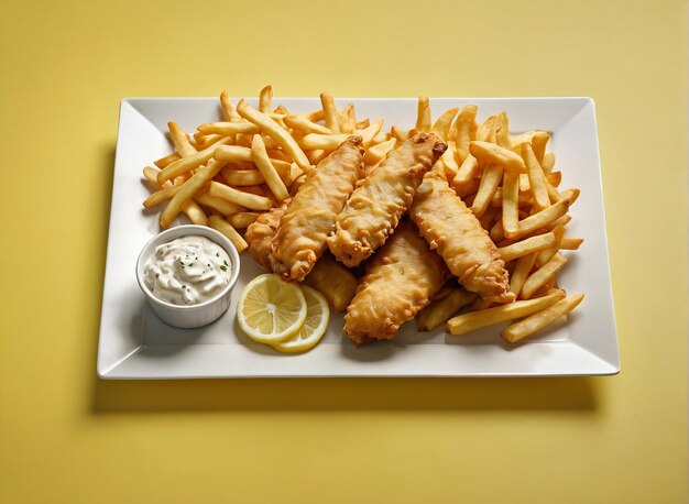 un plato de comida con papas fritas y una cuña de limón