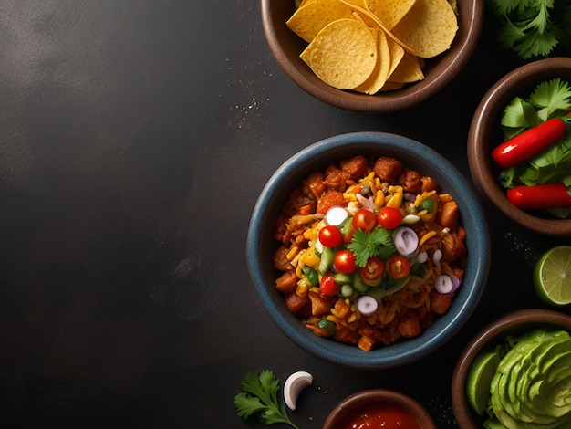 Foto un plato de comida con papas fritas y salsa en una mesa negra