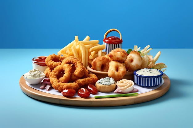 Un plato de comida con papas fritas y salsa de tomate