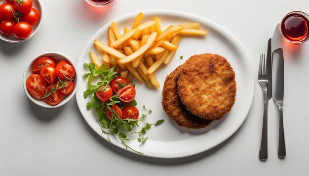 un plato de comida con papas fritas y una taza roja