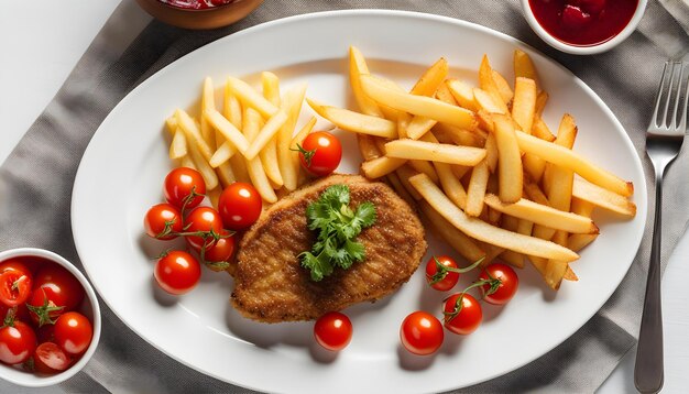 un plato de comida con papas fritas, tomates y tomates