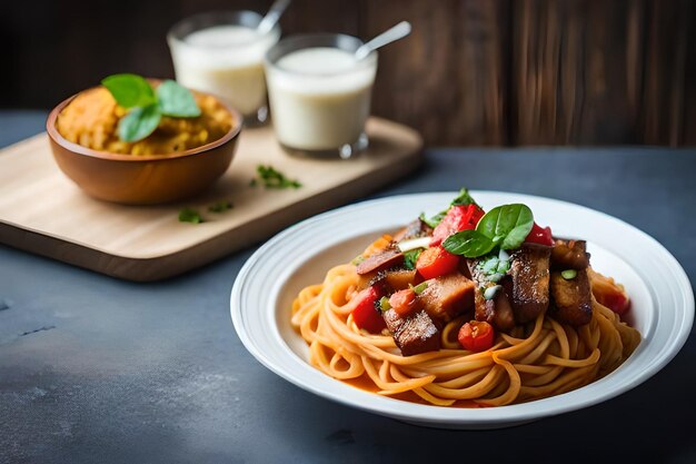 un plato de comida con pasta y fresas en una mesa