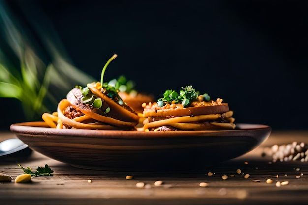 un plato de comida con pasta y verduras en él