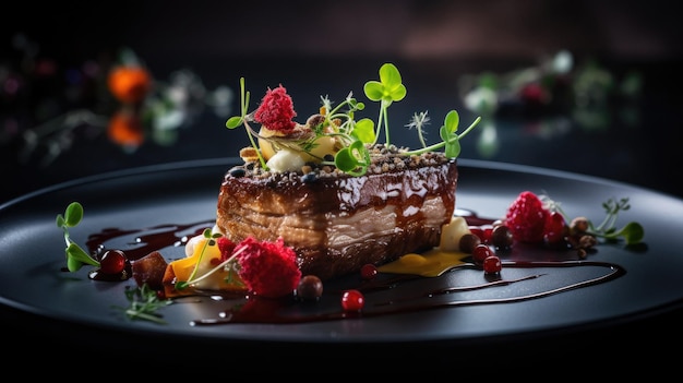 un plato de comida con un pastel de chocolate en él