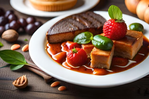 Un plato de comida con un pastel de chocolate y fresas