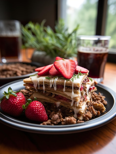 un plato de comida con un pastel y fresas en él