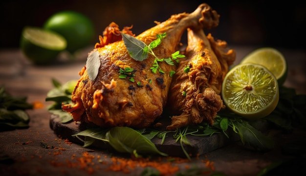 Un plato de comida con una pata de pollo encima