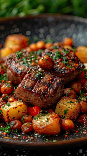 un plato de comida con patatas tomates y hierbas